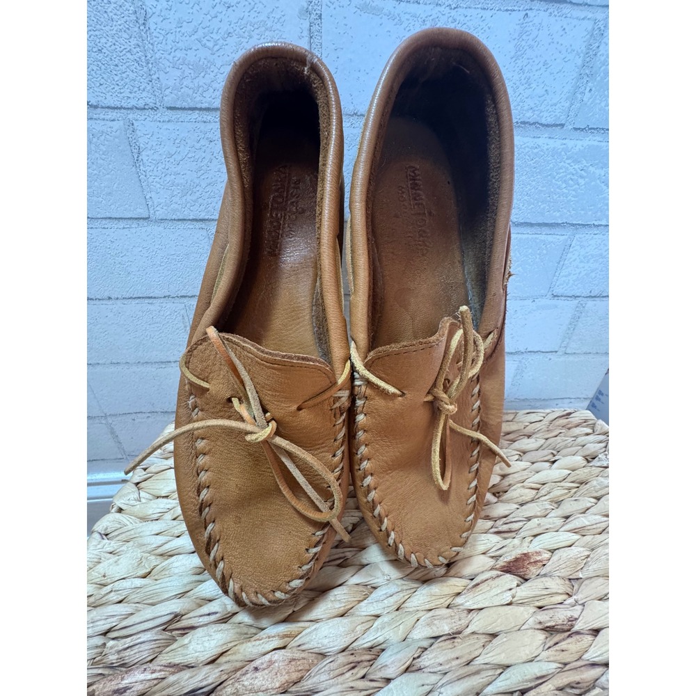 Minnetonka Mens Tan Leather Moccasin Driver Shoes Whipstitch Slip On Size 13